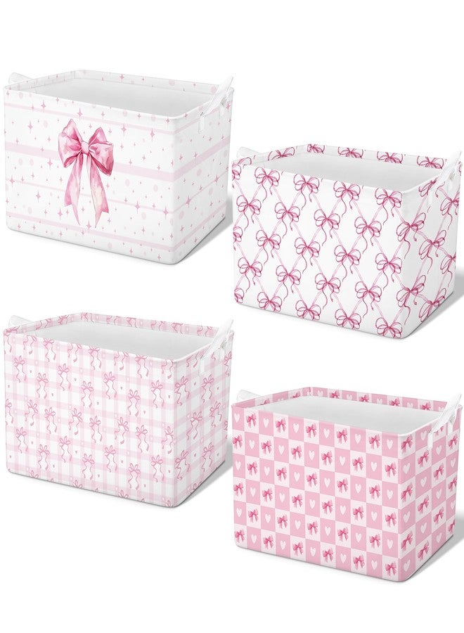 Bulyoou 4 Pcs Pink Bow Storage Basket for Gifts Collapsible Girls Coqutte Pink Storage Bins with Handle Cute Preppy Foldable Laundry Organizer for Home Bathroom Bedrooms Baby Clothes Toys Books - Image 1